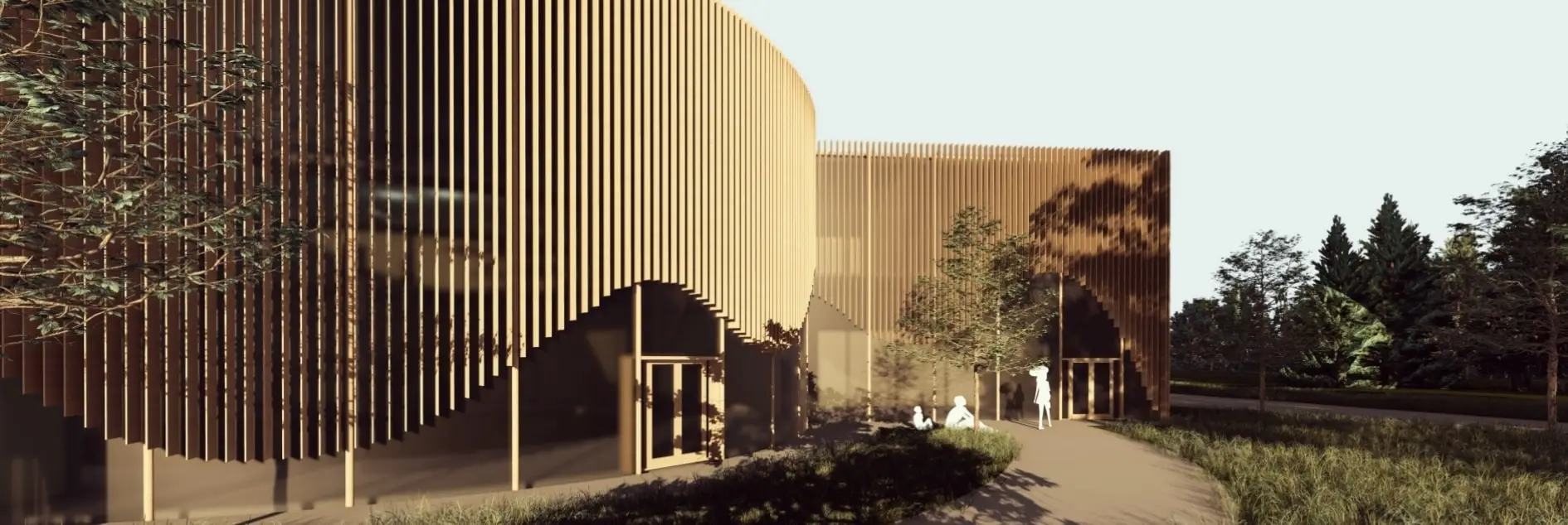 The tranquility centre seen from the park: a curved facade of vertical timber louvres, a path and low planting in the foreground