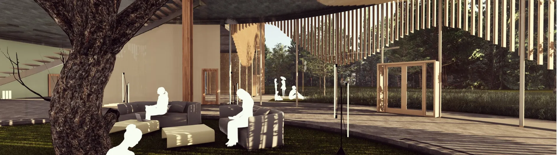 Zadaszone patio ośrodka z siedziskami i drzewem rosnącym w posadzce, widok spod ażurowego zadaszenia z lameli