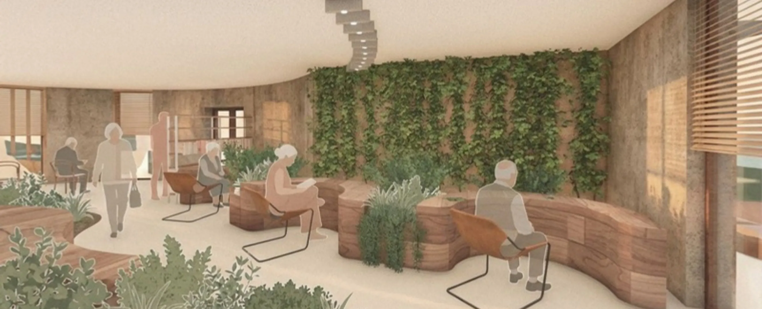 Lobby z zieloną ścianą porośniętą bluszczem, obłe siedziska z drewna z wbudowanymi donicami i mieszkańcy w fotelach