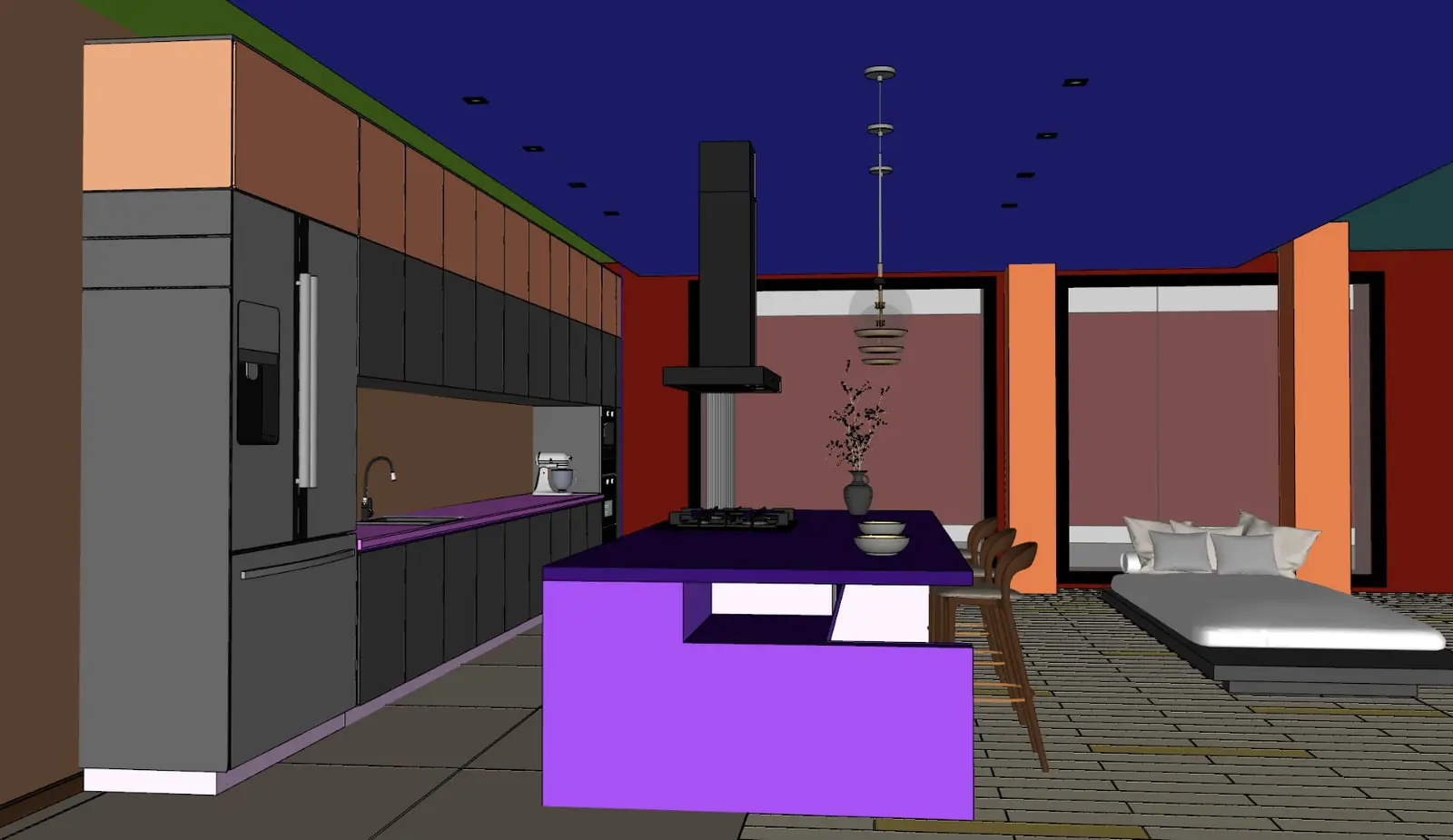 Interior of the living area in working view with flat colours, kitchen island, extractor and glazing onto the garden visible