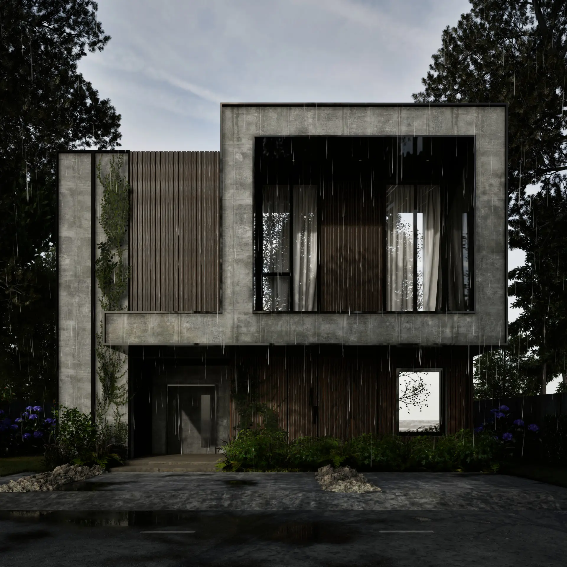 The same house at rainy dusk: cold diffuse light, streaks of rain against the elevation and reflections on the wet surface by the entrance — visualisation