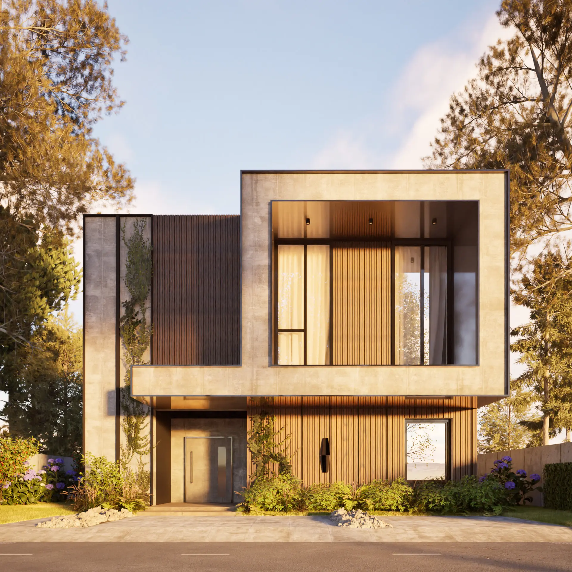 The same house in warm late-afternoon sun: the concrete catches a sheen, the timber slats cast a rhythmic shadow across the elevation, the interior behind the first-floor glazing stays visible — visualisation