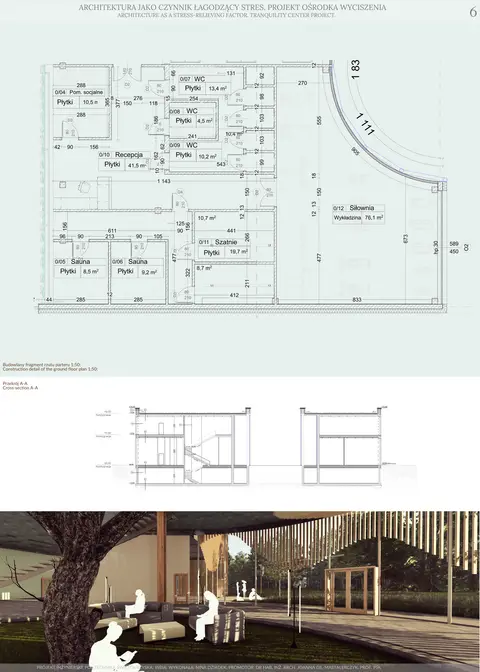 Fragment rzutu parteru 1:50 i przekrój A–A