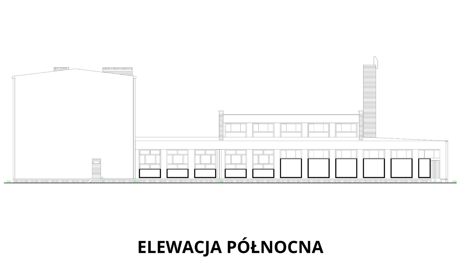 North elevation — Seen from the north: the tall volume of the sports hall on the left and the lower teaching block with its band of windows, ventilation stack and service entrance.