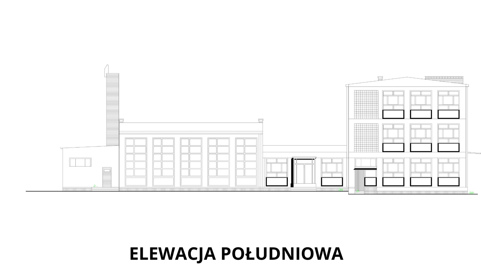 South elevation — The entrance front: the sports hall on the left, a glazed central section with a canopied entrance and the three-storey teaching wing on the right.