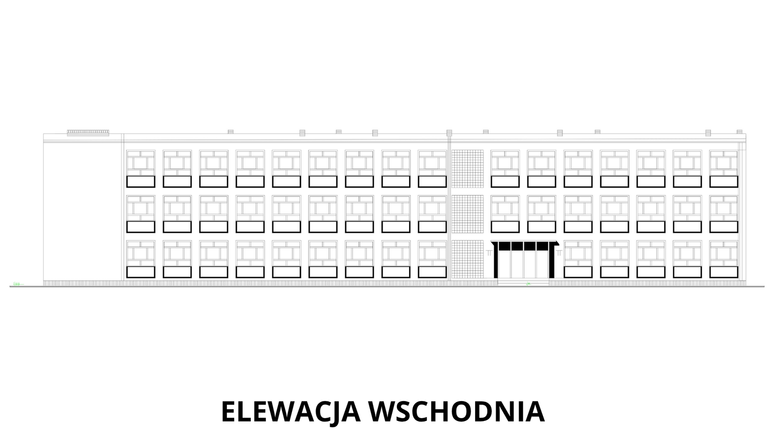 East elevation — Seen from the sports pitch, with the full rhythm of classroom windows across three storeys, a glazed link and the entrance in the middle.