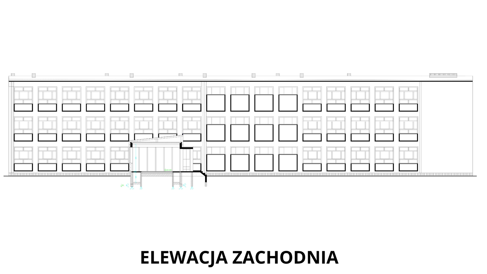 West elevation — The longest view of the building: three storeys of repeating classrooms with a regular window rhythm, and a canopied side entrance in the middle of the elevation.